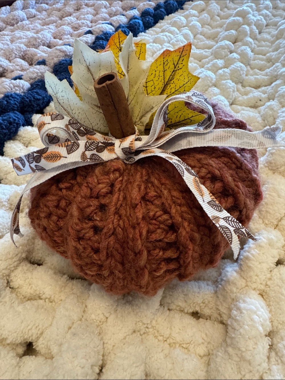 Handmade Rust Knit Pumpkin with Cinnamon Stem - Home Art Decor